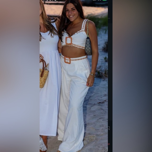 12th Tribe White Two-Piece Crop Top & High-Waist Pants Set with Woven Buckle - Picture 2 of 2